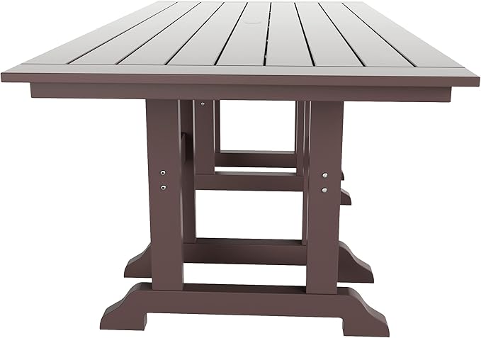 WestinTrends Malibu 7 Piece Adirondack Outdoor Dining Set, All Weather Poly Lumber Patio Table and Chairs Furniture Set, 71" Trestle Dining Table and 6 Adirondack Dining Chair, Dark Brown