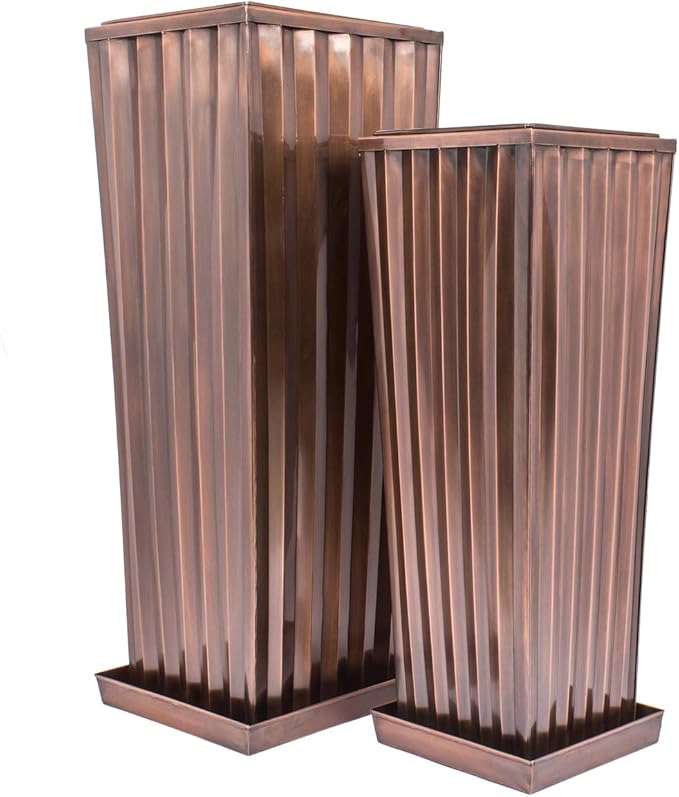 H Potter Patio Deck Flower Ribbed Garden Planter Antique Copper Finish Set of 2 with Trays