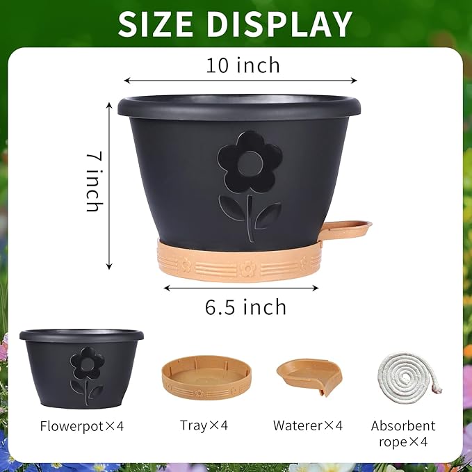 XMPBFYH Plant Pots, Flower Pots for Indoor/Outdoor Plants, Self Watering Plastic Planters Pots with Drainage Holes, Saucer & Reservoir, Decorative Nursery Planting Pots(10 Inch Set of 4) (Black)