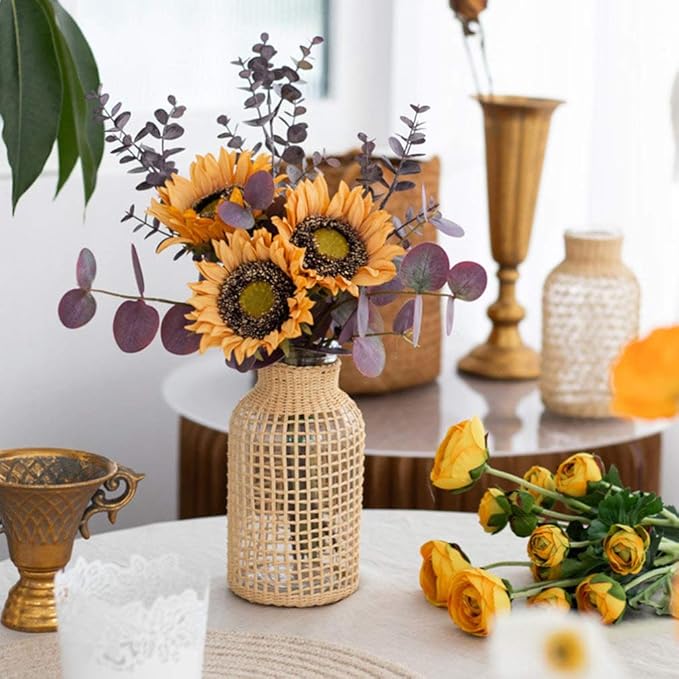 DOITOOL Rattan Vase Boho Woven Glass Vase, Country Rustic Style Wicker Floral Container, Farmhouse Flower Bottle for Floral Arrangements Housewarming Wedding Party Decoration (S+L)