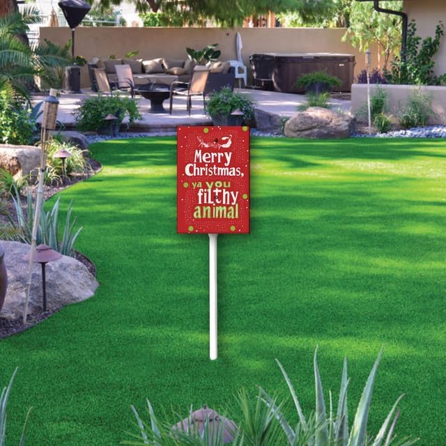 Uptell 7x8.8 Inch Merry Xmas Ya You Filthy Animal Garden Sign Winter House Yard Sign Porch Xmas Holiday Home Decorations Outdoor With Metal Stakes 12.8 Inch