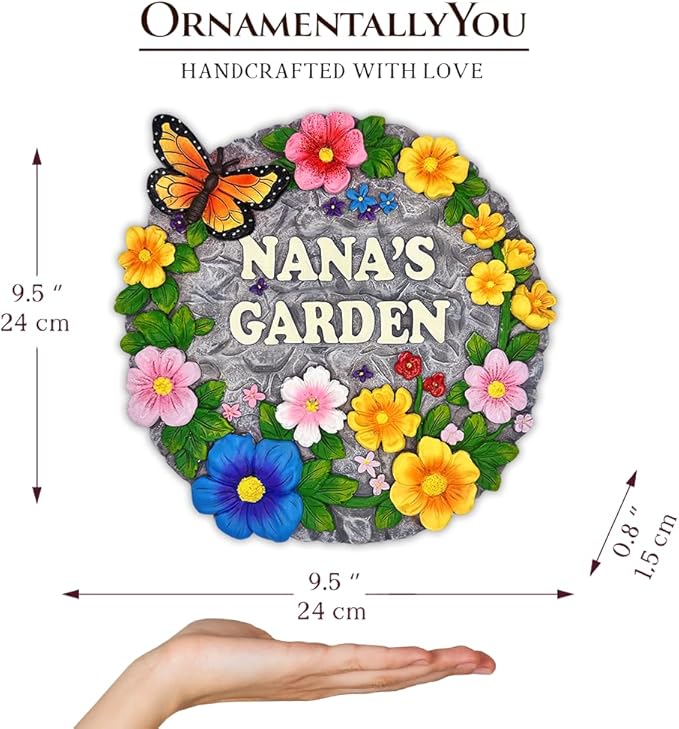 OrnamentallyYou Elegant Resin Stepping Stone, Outdoor Garden Pathway Decoration (Nana’s Garden Floral Stepping Stone, 9.5" Decorative and Gift for Grandmother)