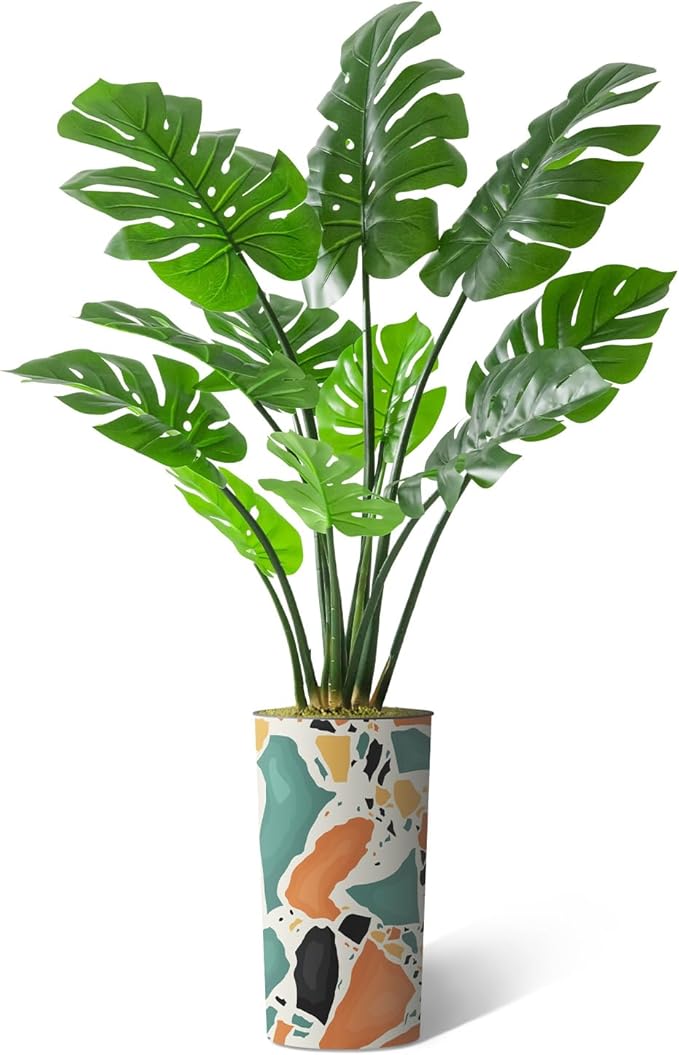Artificial Tree in Modern Geometric Pattern Planter, Fake Monstera Silk Tree for Indoor and Outdoor Home Decoration - 65" Overall Tall (Plant Pot Plus Tree)