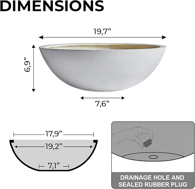 KUTE NEST 6.9" H x 19.7" D Round Bowl Fiberstone Planter for Succulent and Lotus with Drainage Hole, Smooth Finishes, Weather Resistant, Included 2 Extra Coco Mats (White, 17.9" Pot Opening)