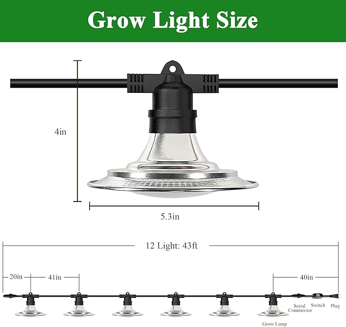 Outdoor LED Grow Lights, Waterproof String Plant Growing Light, Full Spectrum Growth Light with Timer, Suitable for Garden, Farm, Flower, Seedling Greenhouse Grow Light (12 Lights)