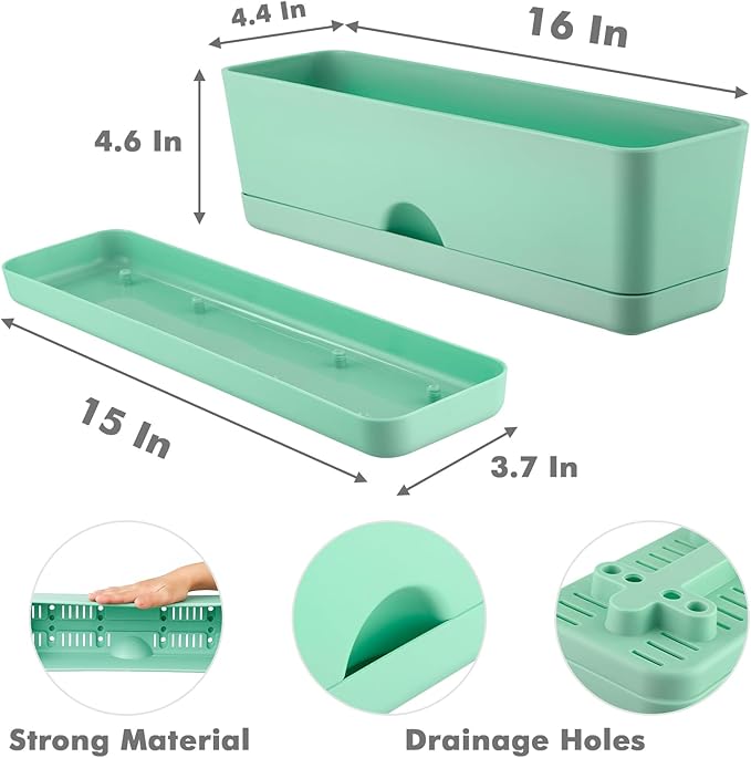 2-Pack Large Window Boxes Planters 16 Inch Rectangle Plant Box Rectangular Planter for Outdoor and Indoor Plants Plastic Windowsill Planter for Herbs Vegetable Flowers Long Window Sill Planters