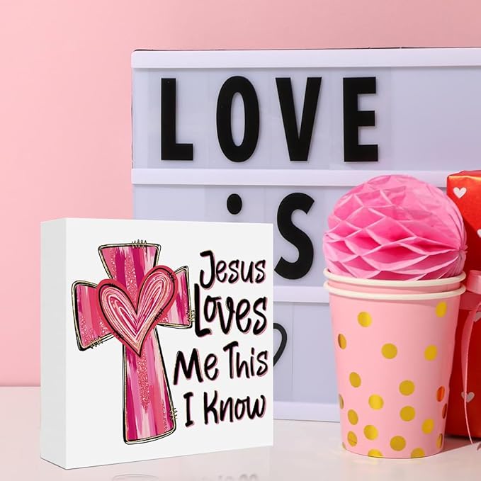 Valentines Day Decorations, Valentines Day Gifts for Her Him, Gift for Boyfriend Girlfriend, Pink Heart Cross Jesus Bible Verse Anniversary Christian Wooden Box Sign Wife Home Office Desk Decor
