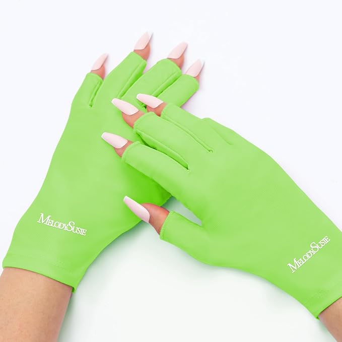 MelodySusie Premium UV Protection Gloves for Manicures, Cool Feeling Fabric,Professional UPF50+, UV Nail Gloves for Gel Nail Lamp, Anti UV Light, Skin Care Fingerless Design, Neon Green