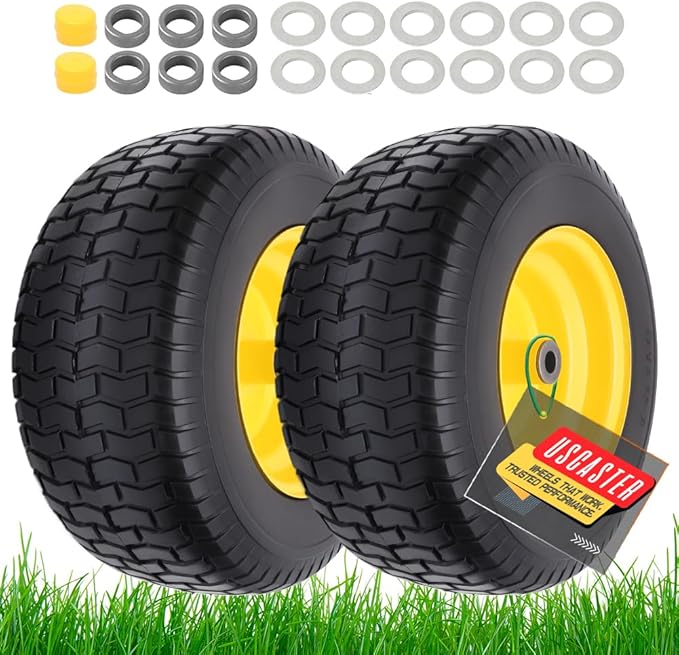 16x6.50-8 tire and wheel Flat Free Assemblies (2 Pack), Lawn Mower Tires with Rim, Solid Rubber Riding Lawn Mower Tires and Wheels,3" Offset Hub,3/4" Bushings,16x6.5-8 Tractor Turf Tire