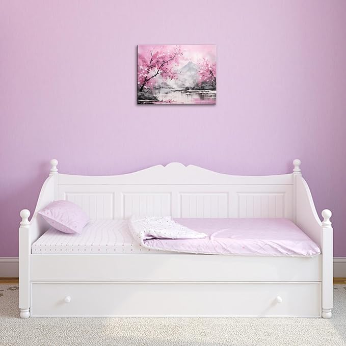 FUNHUA Flower Canvas Wall Art Pink Cherry Blossom Watercolor Picture Print Stretched And Framed For Modern Home Decor Ready To Hang 12"x16" Framed