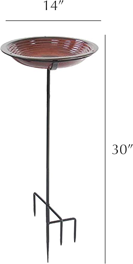 BYER OF MAINE Circles Post Bird Bath, Outdoor Garden and Patio Decor, Porcelain, Glaze Finish, Steel Mounting Post, Outside Bird Pond Fountain, 14"x14"x30", Rustic Red