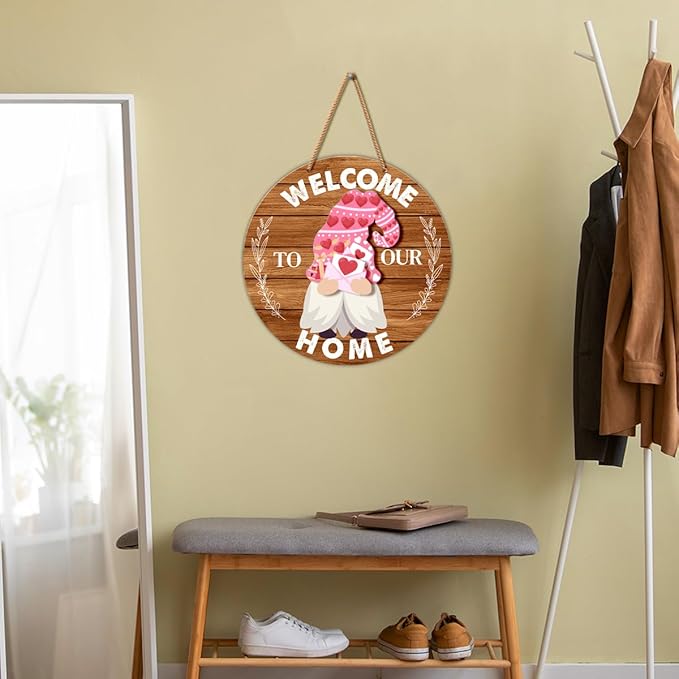 Interchangeable Gnome Welcome Sign Valentine's Day Door Wreath for Home, Gnomes Front Porch Decor Seasonal Wall Hanging Wood Wreath for Spring Summer Fall Winter All Seasons Holiday, Caramel