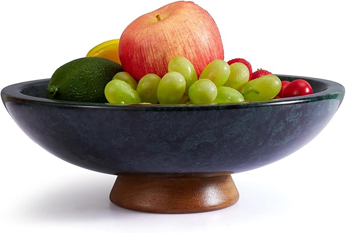 SAMAH Green Marble Fruit Bowl with Acacia Wood Pedestal, Large Decorative Footed Bowl, Natural Stone Centerpiece for Kitchen Counter, Entryway, Keys, Dining Table, House Warming Gifts New Home(11Inch)