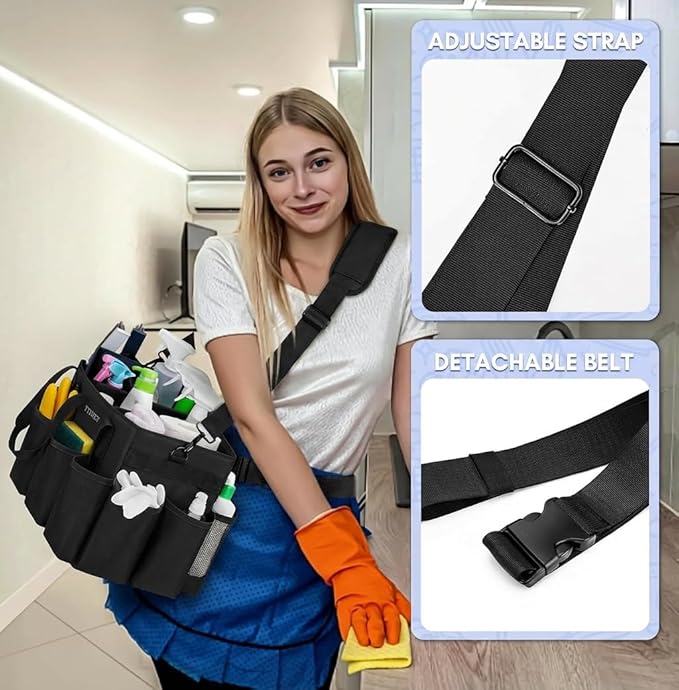 Ytonet Extra Large Cleaning Caddy Bag with 4 Foldable Dividers, Wearable Cleaning Caddy Organizer with Handle & Shoulder Strap & Waist Strap, Housekeeping Tote for Cleaners, Black Grey