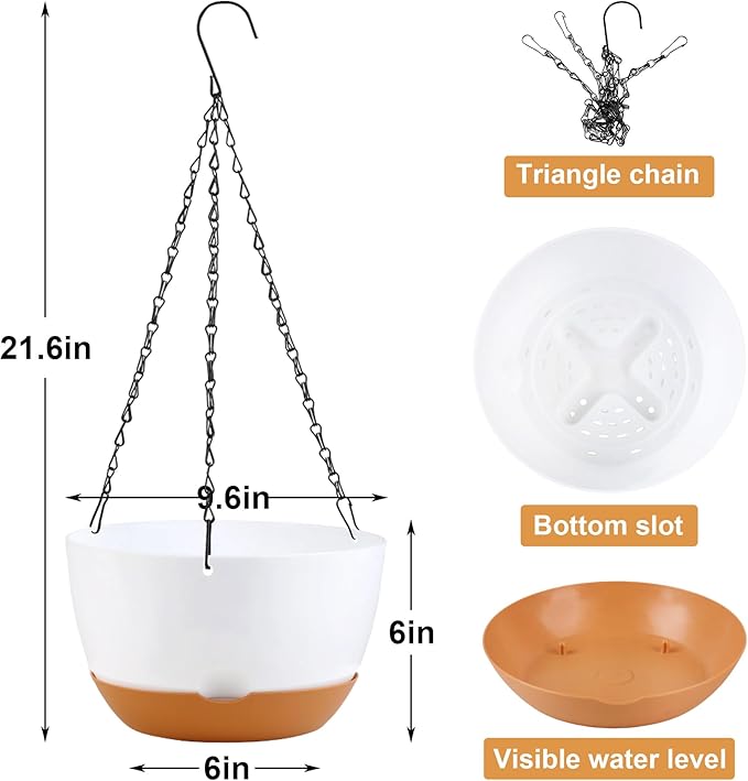 KPUVX 10 inch Hanging Planters for Indoor Outdoor Plants with Self-Watering Pots, 3 Pack Plastic Hanging Basket with Removable Tray for Home Garden Porch Balcony Patio Decor(White+Black+Green)