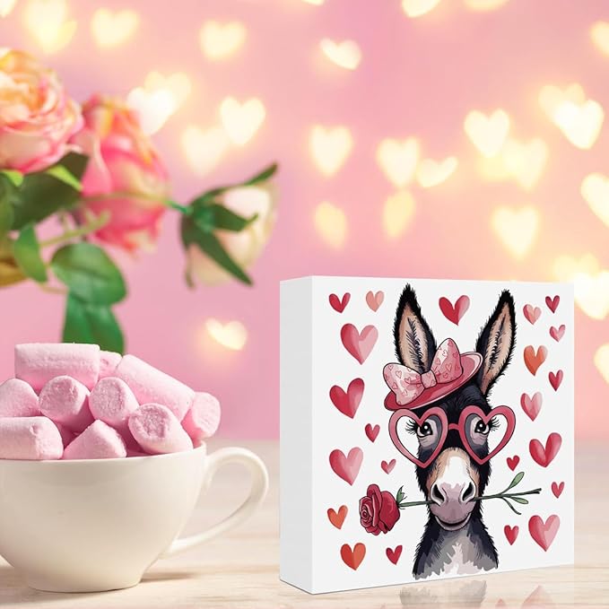 Valentines Day Decorations, Valentines Day Gifts for Her Him, Gift for Boyfriend Girlfriend, Pink Heart Rose Donkey Anniversary Wooden Box Sign Husband Wife Home Office Bedroom Desk Decor