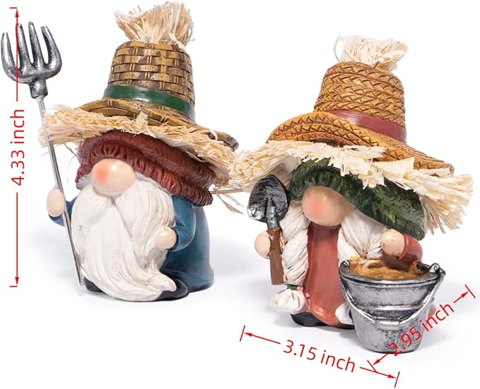 Hodao Farmer Gnomes Figurines — Rustic Resin with Straw Hats & Farm Tools, Hand-Painted Farmhouse Decor & Gift for Gardeners, Home, Porch(Green)