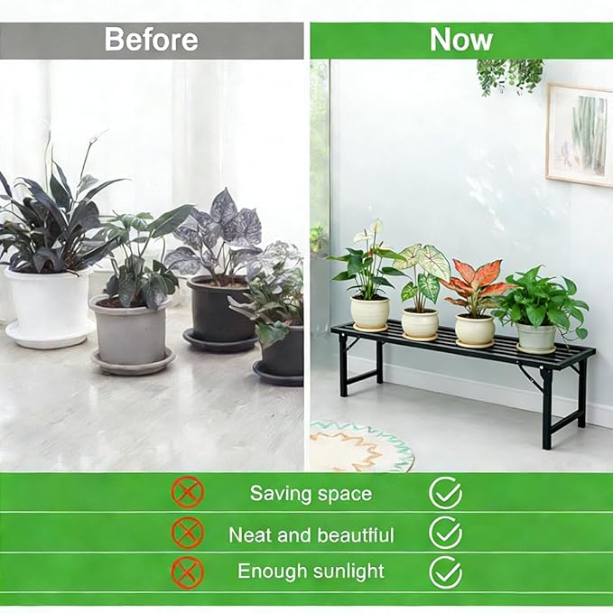 Single Tier Metal Plant Stand, Long Narrow Foldable Plant Stand for Indoor Outdoor, Heavy Duty Waterproof Plant Holder for Living Room Balcony Garden Window Patio，Plant Lovers, Display Stand (L33”xH11.7"xW9.7")