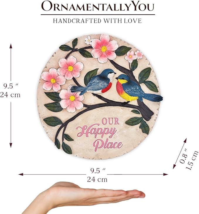 OrnamentallyYou Elegant Resin Stepping Stone, Outdoor Garden Pathway Decoration (Blossoming Songbirds Positivity Stepping Stone, 9.5" Happiness Garden Decoration and Support Gift)