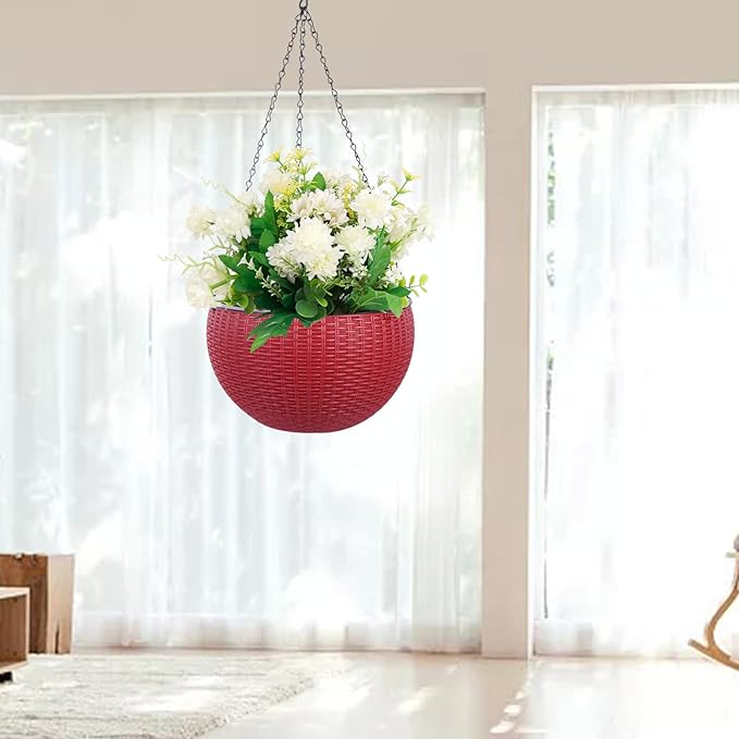 Vencer 11 Inch Round Resin Rattan Hanging Planters,Self Watering Hanging Basket for Indoor Outdoor Plants,Hanging Flower Pots with Drain Hole and Metal Chain,Water Indicator,Red,VF-A15-R