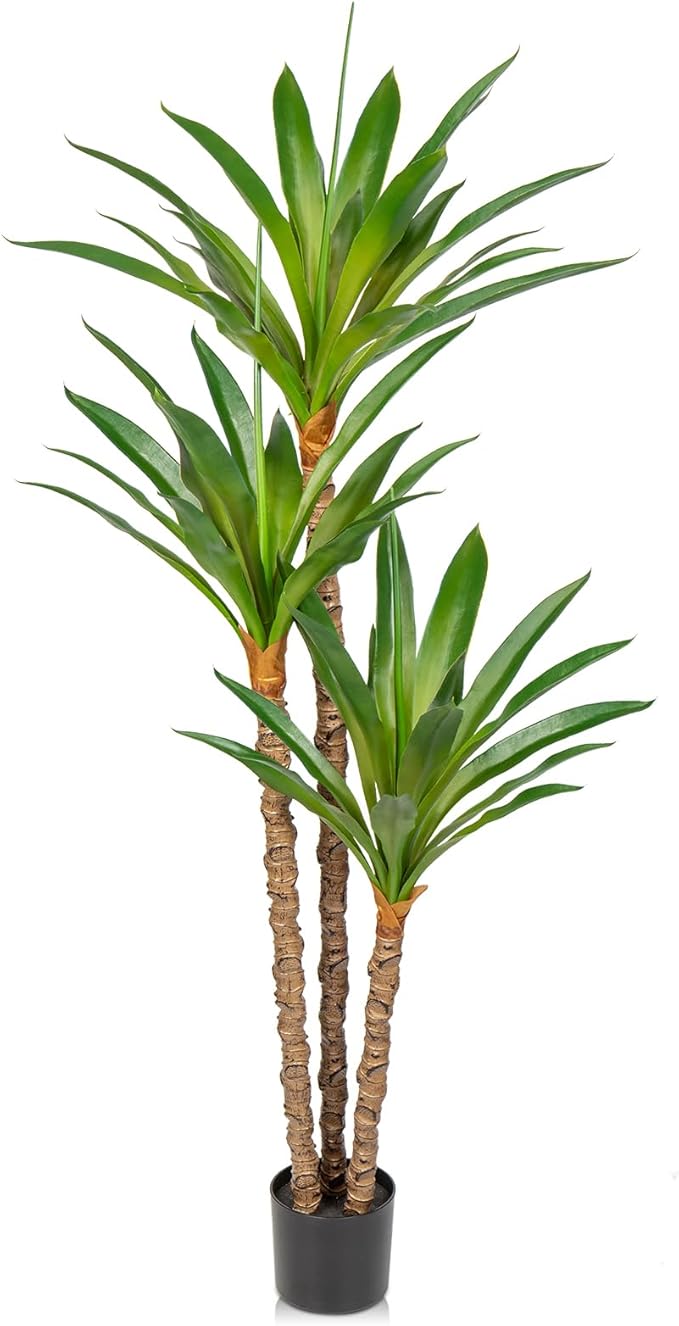 Artificial Tree Indoor 5.57Ft Faux Agave Plant Tree Fake Tropical Yucca Tree with 3 Heads in Pot Fake Dracaena Plants Potted Palm Tree Floor Plant Home Decor Modern Office Decoration Housewarming Gift