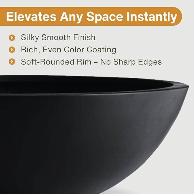 KUTE NEST 6.9"H x 19.7"D Round Bowl Fiberstone Planter for Succulent and Lotus with Drainage Hole, Smooth Finishes, Weather Resistant for Indoor, Included 2 Extra Coco Mats (Black, 17.9" Pot Opening)