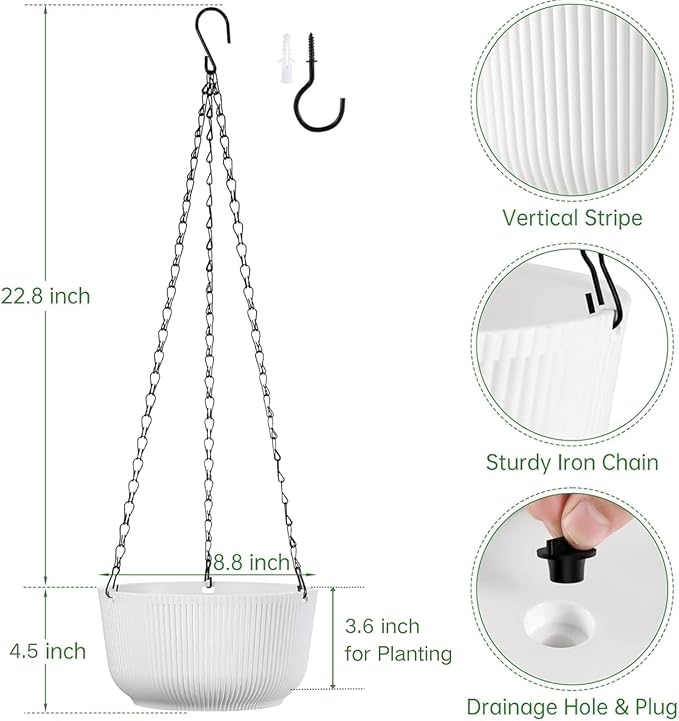 Kvetto Set of 2 White 8.8 Inch Hanging Planters for Indoor Outdoor Plants, Self Watering Hanging Baskets Flower Pots with Drainage Hole & Plug