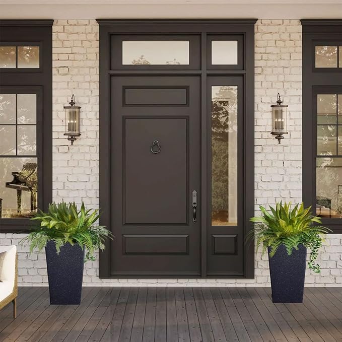 KIFFUN 2 Sets Large Tall Black Planter for Outdoor or Indoor Plants Faux Stone Tall Flower Pots Tapered Resin Plastic Planters Box for Porch Patio Garden Front Door Decor 21''H*12''W