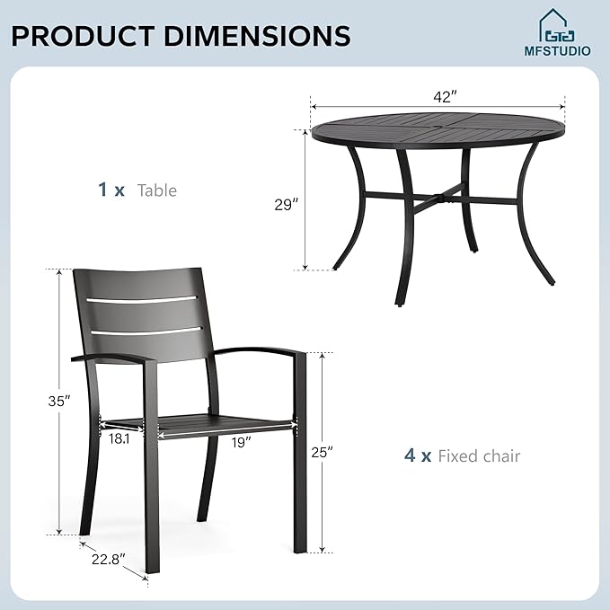 MFSTUDIO Round Patio Table and Chairs Set, Black Metal Outdoor Dining Set for 4 with Umbrella Hole, 5 Piece Wrought Iron Patio Furniture Dining Set for Deck Backyard Garden