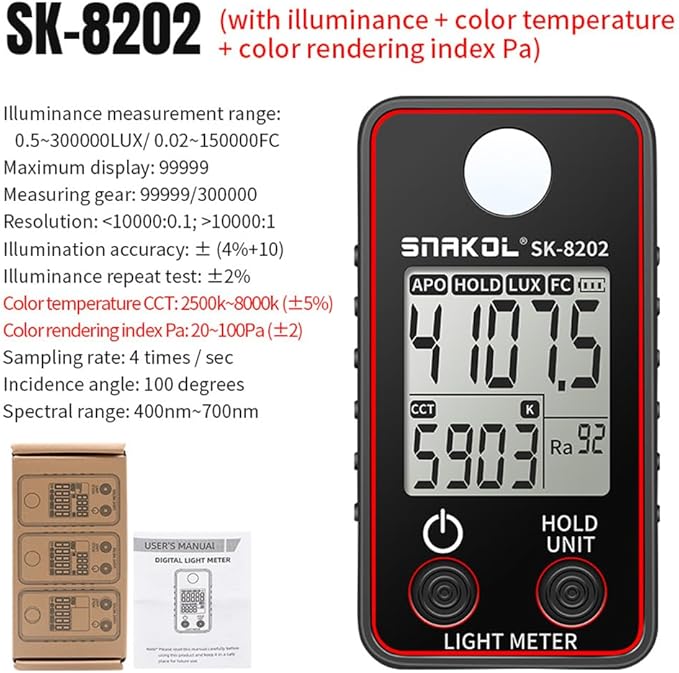 BSEWO Illuminance Meter,Color Temperature Tester High Precise Illuminance Meter 0.5-300000LUX LED Illumination Test Meter Photographic Luminance Measuring Device(Panel Color red and Blue Random)