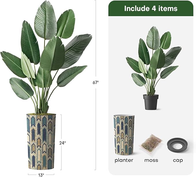 Artificial Tree in Modern Polygon Pattern Effect Planter, Fake Bird of Paradise Silk Tree for Indoor and Outdoor Home Decoration - 67" Overall Tall (Plant Pot Plus Tree)