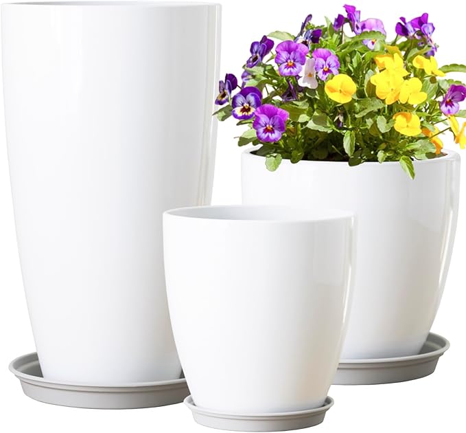 Tall Round Plant Pots with Drainage Holes & Saucer Plastic Decoration Planters for Indoor & Outdoor Garden Home Plants,White Flower Pots 3 Pack 11"/12"/21" H