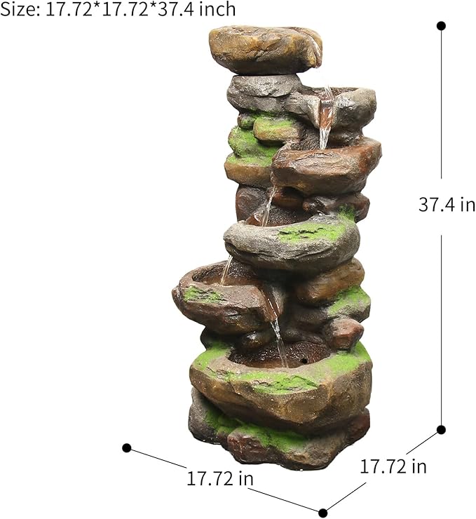 YZM 37.4" H 6-Tiers Cascading Rock Outdoor Water Fountain with LED Lights Outdoor Fountains and Waterfalls for Garden Patio Yard Deck Decor with Natural Stone Look
