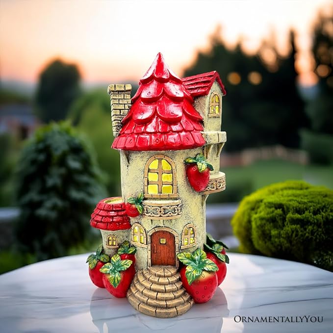 OrnamentallyYou Spring & Summer-Themed Garden Statues – Adorable Outdoor Decor for Lawn, Patio & Porch (Solar Powered Strawberry Fairy Home Garden Statue, 10" Unique Spring Decoration)