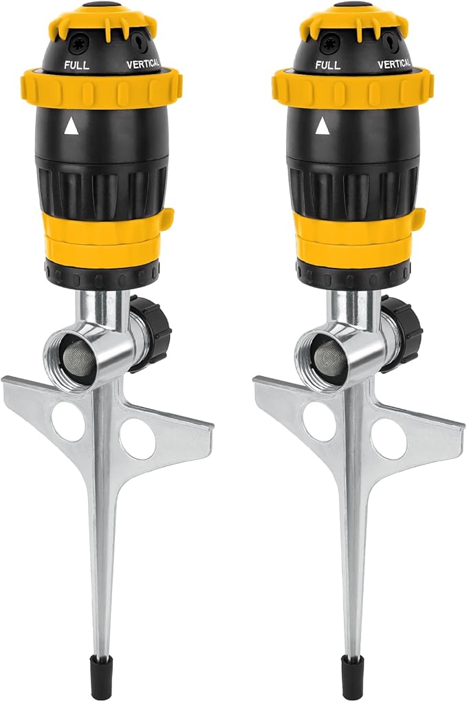 [2 Pack] RESTMO Gear Drive Sprinkler with Metal Spike Base, 5-Pattern Heavy Duty Gardening Watering System, Multi-Adjustable Lawn Sprinkle for Garden Plant, Flower Bed and Large Yard Area, Yellow