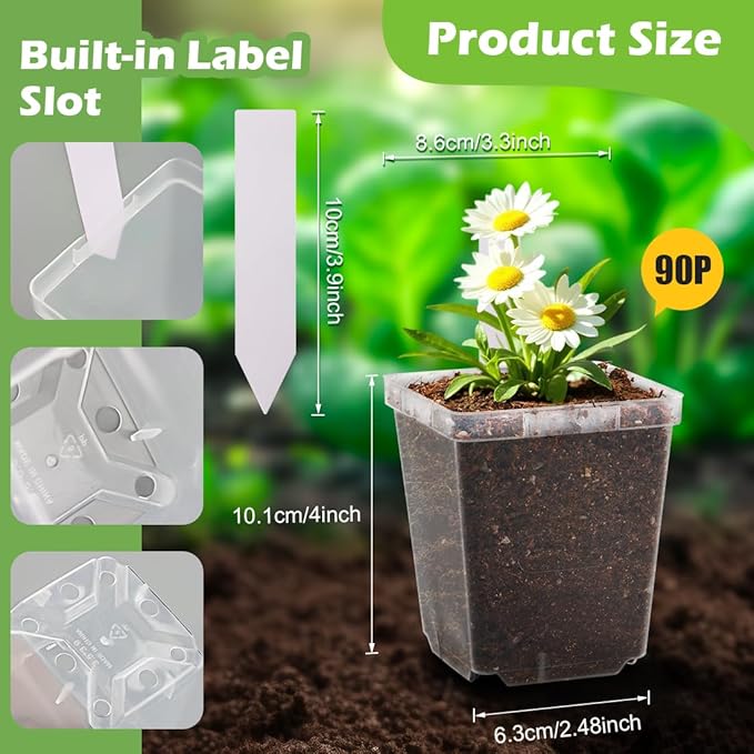 RooTrimmer 3.3 Inch Clear Nursery Pots with Drainage,90 Pack Square Seedling Pots with Plant Lables,Reusable Seed Starter Pots for Succulents Transplanting Herbs Flowers Tomato Windowsill Gardening