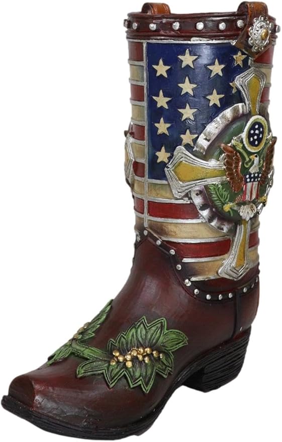 Ebros Gift Rustic Western Country USA American Flag Military Cross Olive Branch Cowboy Boot Decorative Flower Bouquet Vase Or Planter Figurine 9" High Southwestern Centerpiece