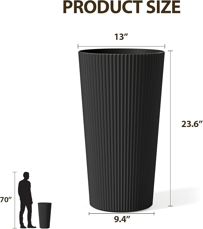 Diyfire Tall Outdoor Planter Front Porch Decor Set of 2-23.6" H Tall Planters for Outdoor Plants with Drainage Hole, Round Conical Design Flower Pots for Indoor/Patio/Garden, Black