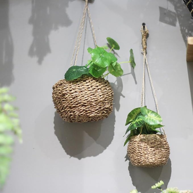 Hanging Planter, Rope Handled Wicker Basket for Indoor Plants, 10X10X9cm/3.93X3.93X3 inches, Light Brown