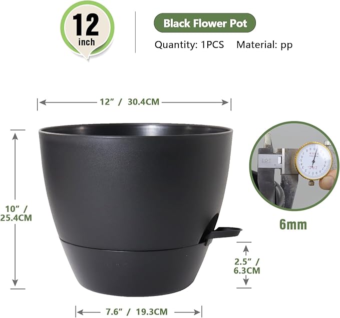 Meowell 12 inch Large Self Watering Pots for Indoor Outdoor Plants, Flower Plant Pots with Mesh Drainage Holes for Garden House, Plastic Planters with Reservoir for Home Decor, Black
