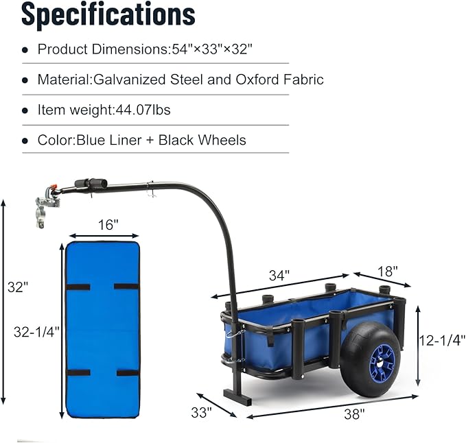 Beach Fishing Cart, 13" Big Wheels Black PU Solid Balloon Tires for Sand, Fishing Wagon Cart Large Capacity with 32-1/4" L x 16" W Liner and PP Plate, Heavy Duty Surf Cart w/Bicycle Hitch