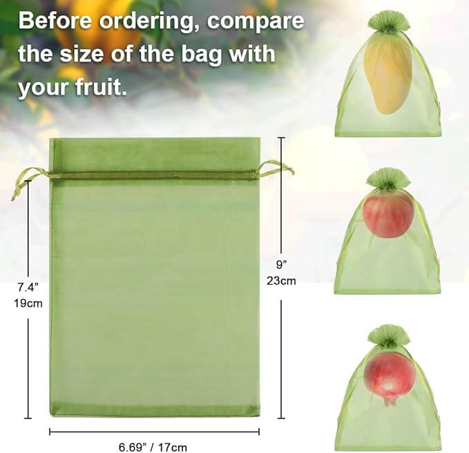 Shintop 100Pcs Fruit Protection Bags, 6x9 Inch Green Fruit Tree Netting Cover Drawstring Mesh Tomato Bags Pest Barrier for Apples Mango