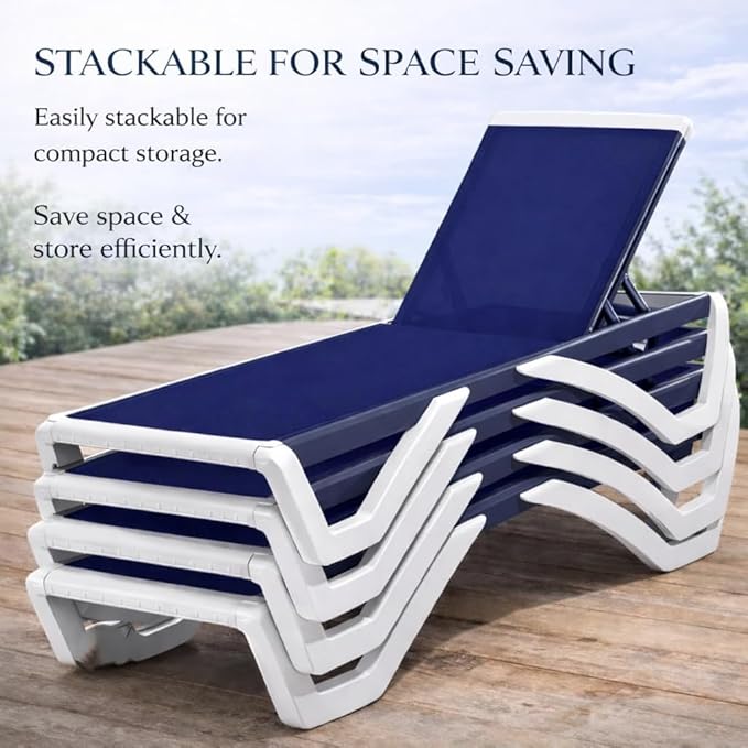 Kozyard Outdoor Chaise Lounge Chair, Full Flat Adjustable Patio Lounger with Aluminum Frame & Resin Legs, Textilene Fabric for Poolside, Backyard & Beach (NavyBlue)