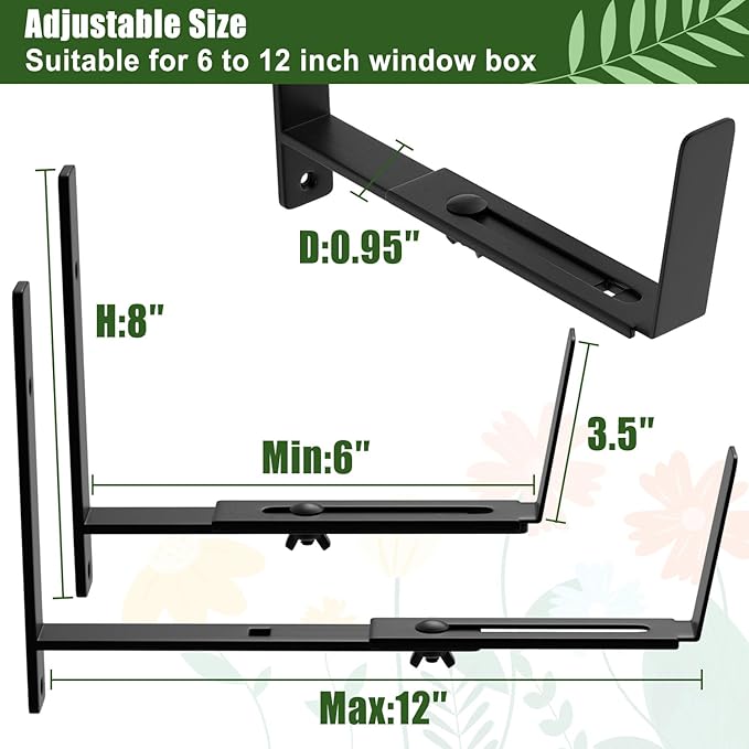 Adjustable Window Box Brackets, 6 to 12 inch Heavy Duty Window Planter Box Brackets, Wall Mount Flower Box Holder, 2 Pack