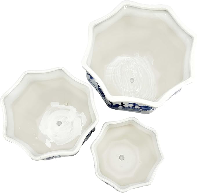 Galt International Blue & White w/Yellow Accent Round Fluted Floral Porcelain Ceramic Plant Flower Planter Pot Set of 3 (7.5", 10", 13") Garden Pots Chinese Asian Design