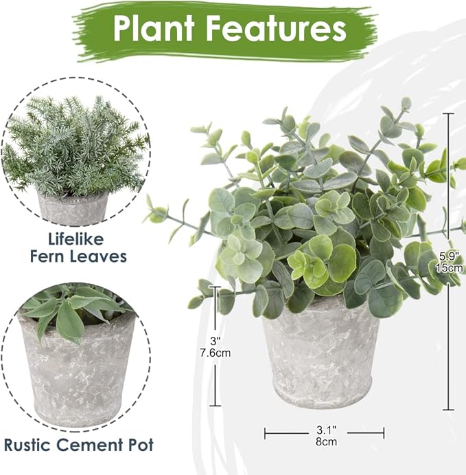 Briful Small Fake Plant Decor Artificial Potted Plants Set of 3 Faux Eucalyptus Rosemary Plants in Pots for Home Table Office Desk Bathroom Shelf Living Room Farmhouse Decoration