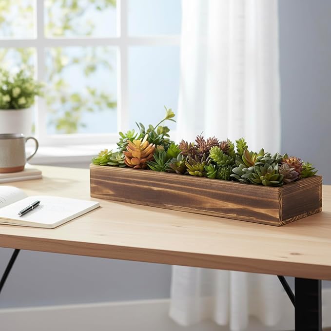 MyGift Artificial Succulent Centerpiece, 15.75 Inch Faux Succulents Arrangement Plants in Rustic Burnt Wood Rectangular Planter Box
