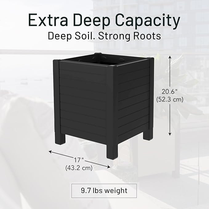 Tierra Verde 17-Inch x 17-Inch Flora Cube Planter Box with Tool-Free Connect System and Crafted from Recycled Materials, for Patios or Decks, Black