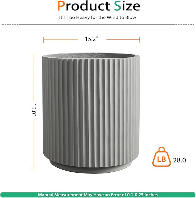 Heyzier Round Concrete Planter Outdoor Indoor, Large Cement Plant Pots for Flowers (Vertical Gray, 16 inch)