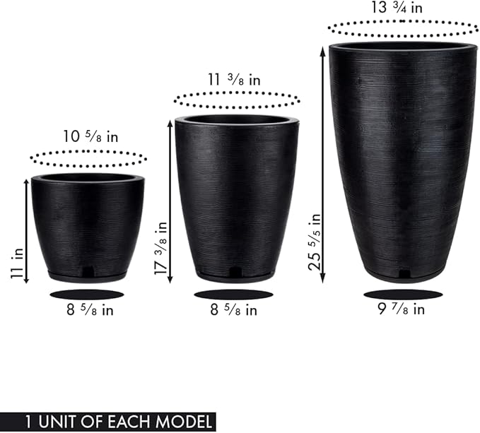 Floridis Plastic Plant Pot, Black, Set of 3 (11+17+25 inch) with Drainage Hole and Saucer. Outdoor and Indoor Set of Black planters for patios, Front Porch.